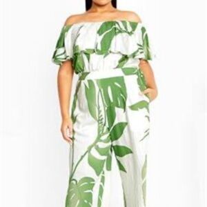 City Chic White Off-Shoulder Jumpsuit with Green Tropical Print